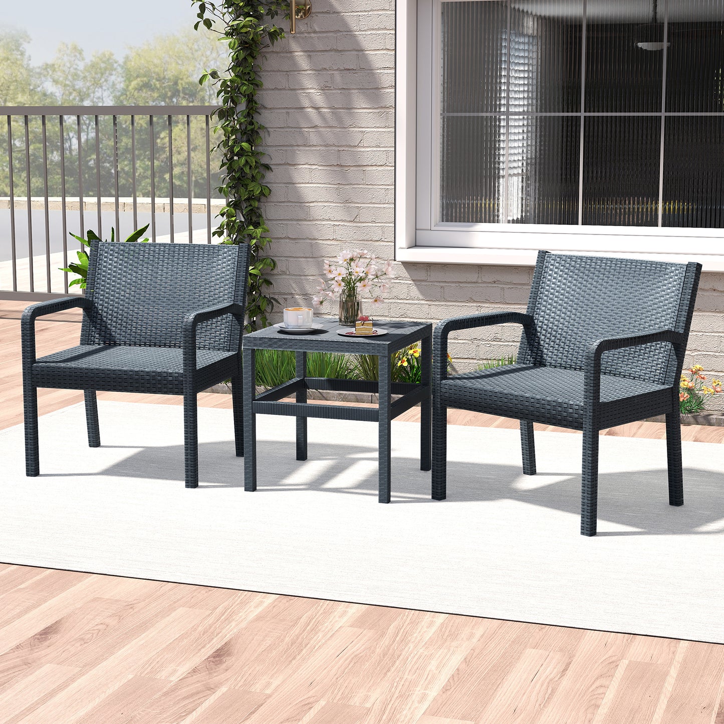 LIVSK 3-delige Tuinmeubelset - Waterbestendig PP - Ergonomische Stoelen - Bijzettafel - Tot 150 kg - Grijs