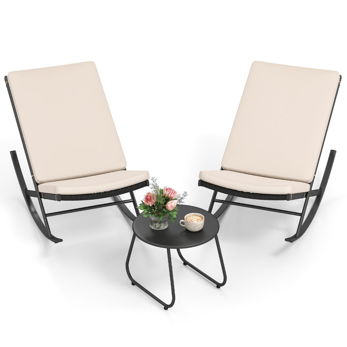 LIVSK Schommelende Terras-Bistroset - 3-delig - Hoogwaardig PE-rattan - Comfortabele Kussens - Voor Tuin en Terras - Beige