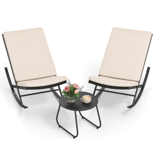 LIVSK Schommelende Terras-Bistroset - 3-delig - Hoogwaardig PE-rattan - Comfortabele Kussens - Voor Tuin en Terras - Beige
