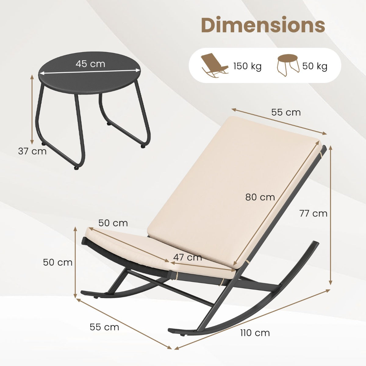 LIVSK Schommelende Terras-Bistroset - 3-delig - Hoogwaardig PE-rattan - Comfortabele Kussens - Voor Tuin en Terras - Beige