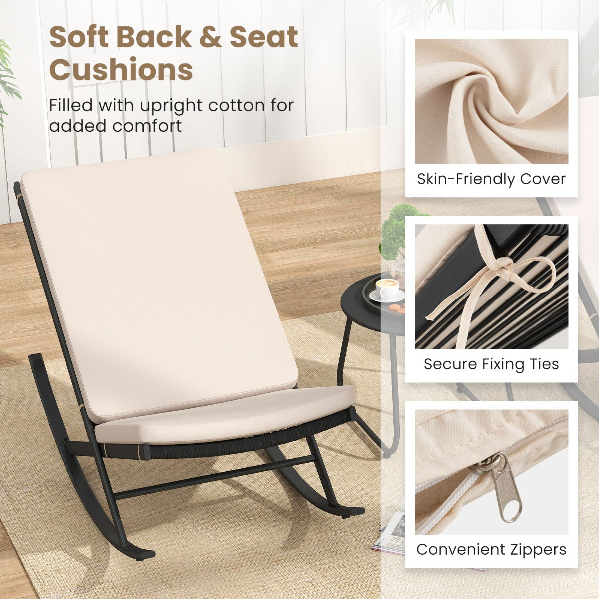 LIVSK Schommelende Terras-Bistroset - 3-delig - Hoogwaardig PE-rattan - Comfortabele Kussens - Voor Tuin en Terras - Beige