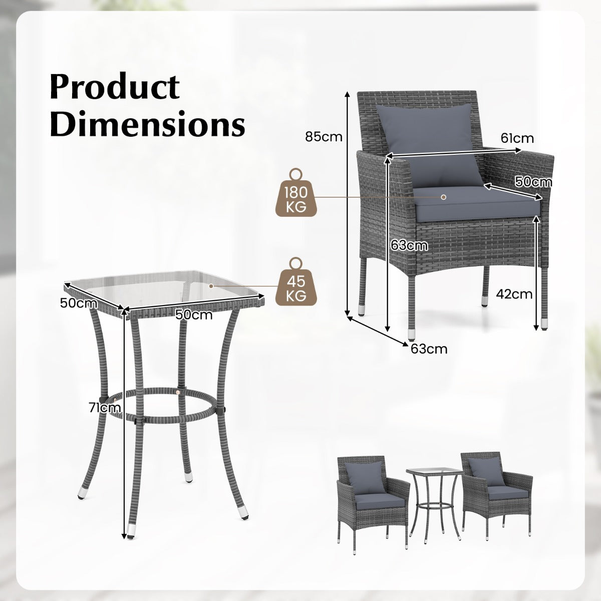 LIVSK Terrasmeubelset - 3-delig - Gevoerde Stoelen met Afneembare Hoezen - Stevig Metalen Frame - Weerbestendig - Gemêleerd Grijs