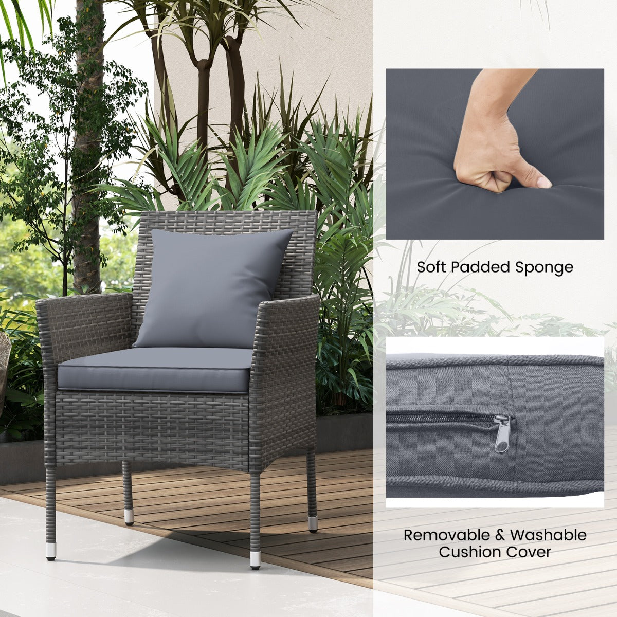 LIVSK Terrasmeubelset - 3-delig - Gevoerde Stoelen met Afneembare Hoezen - Stevig Metalen Frame - Weerbestendig - Gemêleerd Grijs