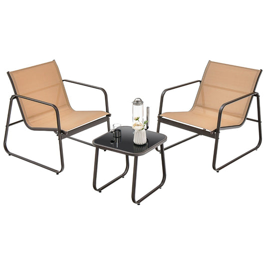 LIVSK 3-delige Metalen Conversatieset - Ergonomische Stoelen - Ademend - Gehard Glas - Tot 150 kg - Bruin