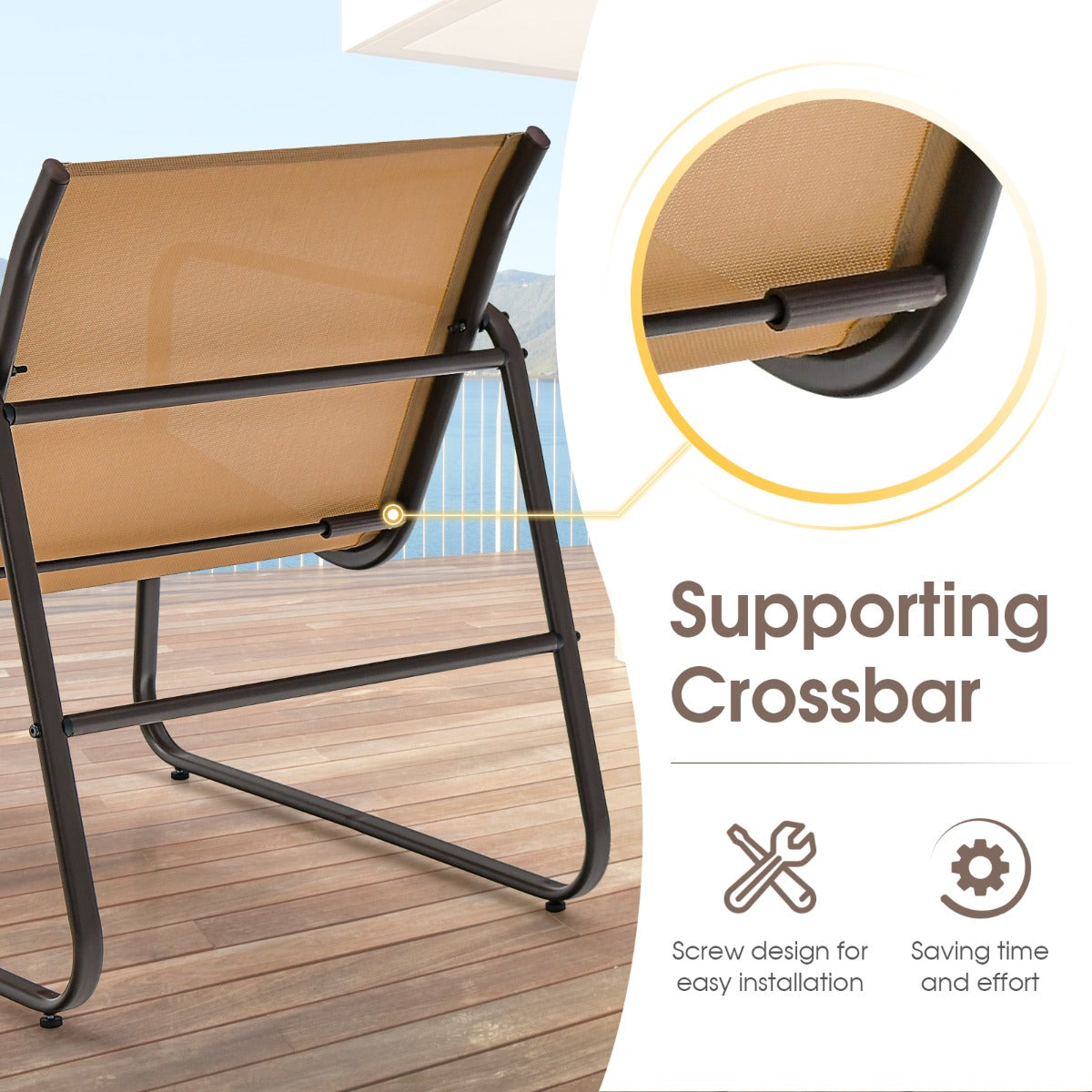 LIVSK 3-delige Metalen Conversatieset - Ergonomische Stoelen - Ademend - Gehard Glas - Tot 150 kg - Bruin