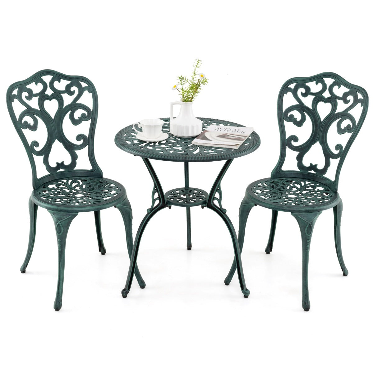 LIVSK 3-delige Tuinmeubelset - Aluminiumgietwerk - Parasolgat - Verstelbare Rugleuningen - Elegant - Groen