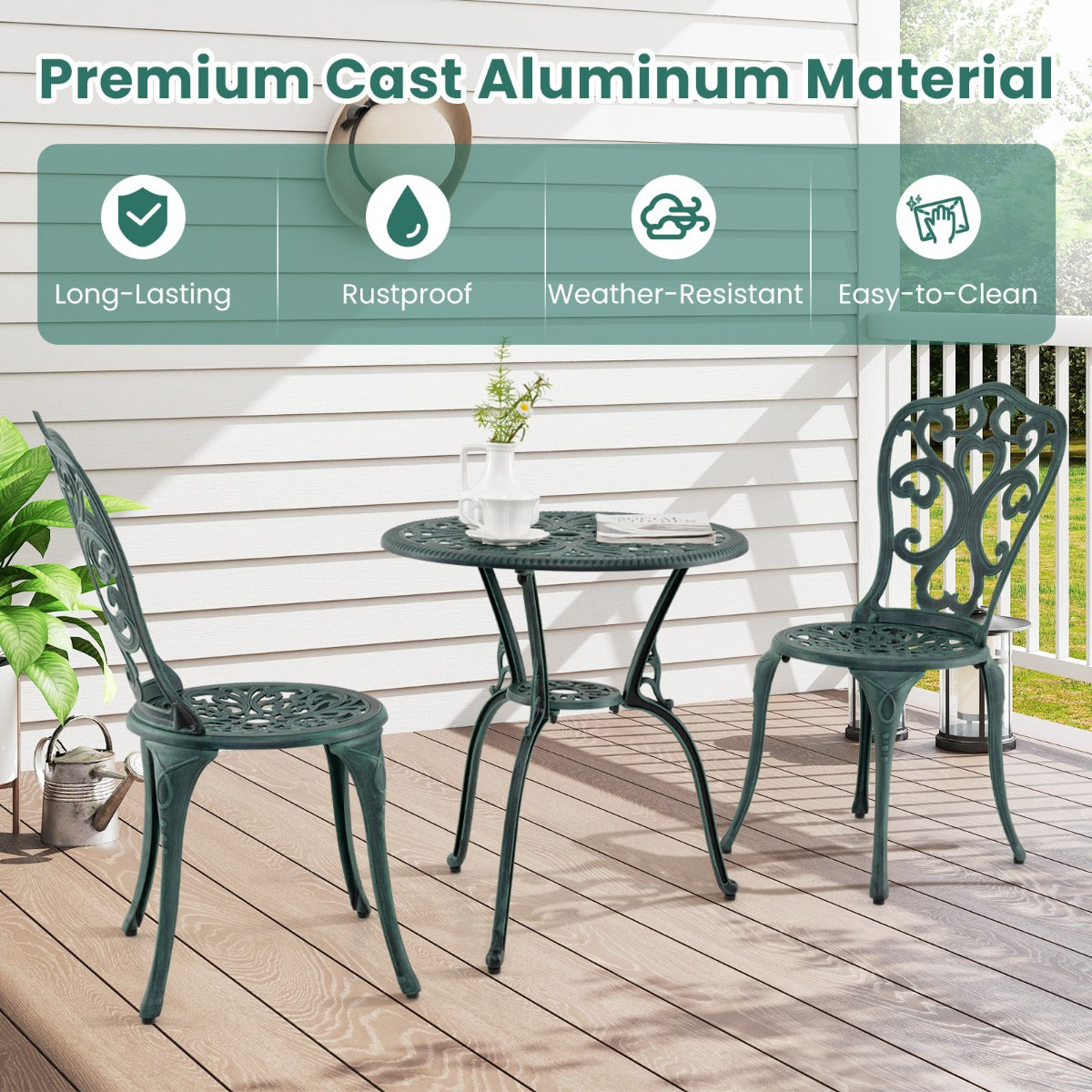 LIVSK 3-delige Tuinmeubelset - Aluminiumgietwerk - Parasolgat - Verstelbare Rugleuningen - Elegant - Groen