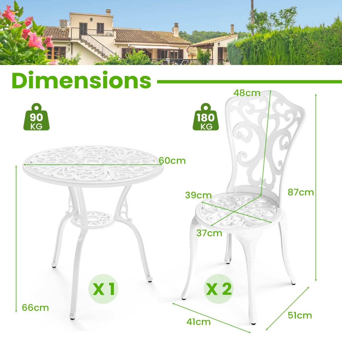 LIVSK 3-delige Terrasmeubelset - Aluminiumgietwerk - Parasolcompatibel - Verstelbare Stoelen - Duurzaam en Elegant - Wit