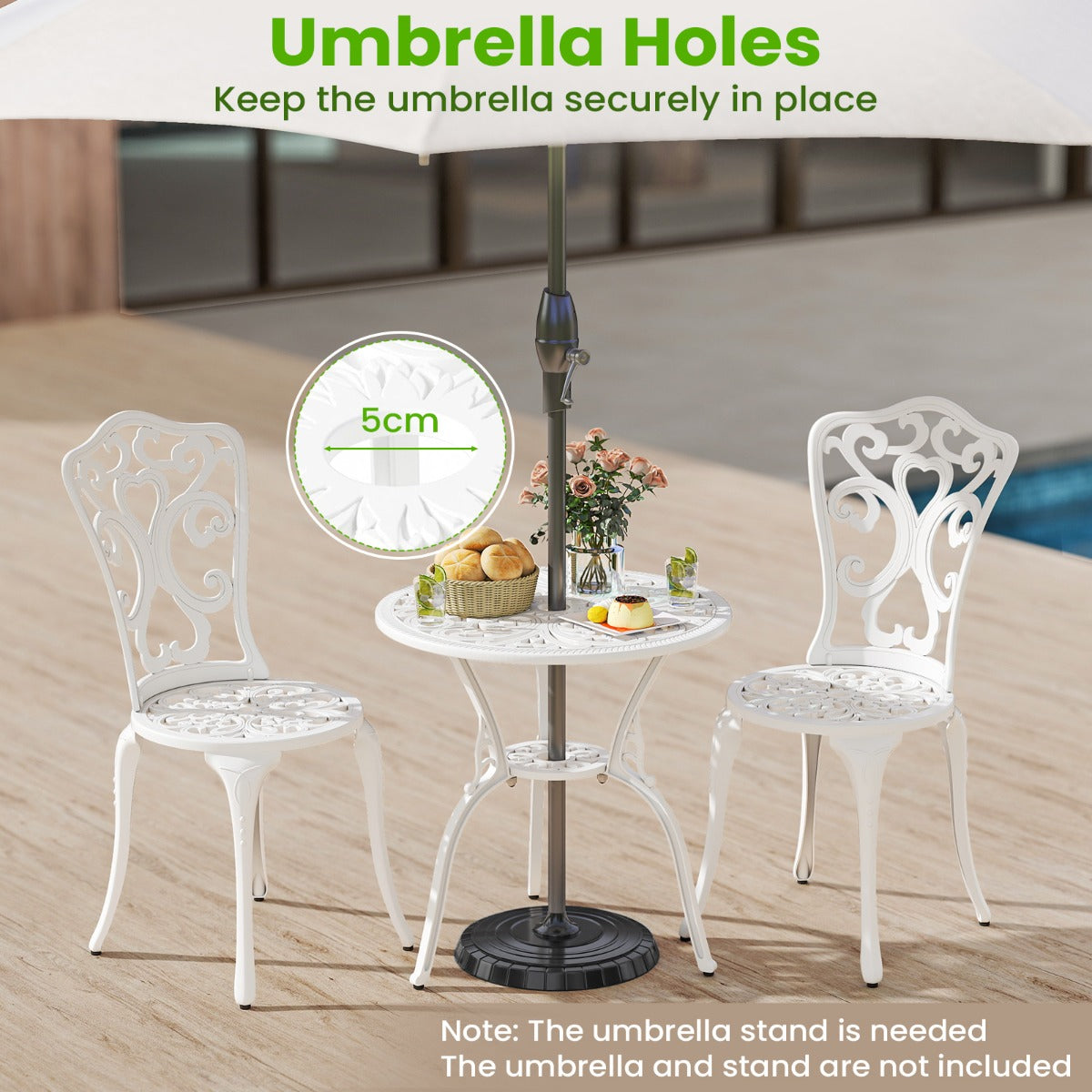 LIVSK 3-delige Terrasmeubelset - Aluminiumgietwerk - Parasolcompatibel - Verstelbare Stoelen - Duurzaam en Elegant - Wit