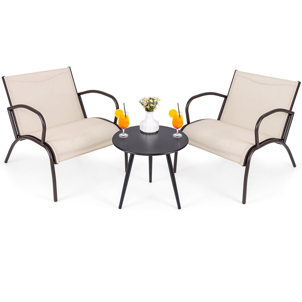 LIVSK 3-delig Tuinmeubelset - 2 Stoelen met Ergonomische Zitting - Ronde Salontafel - Hoogwaardig Metaal - Tot 180 kg - Grijs