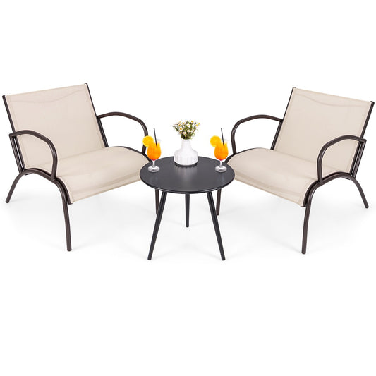 LIVSK 3-delig Tuinmeubelset - 2 Stoelen met Ergonomische Zitting - Ronde Salontafel - Hoogwaardig Metaal - Tot 180 kg - Grijs
