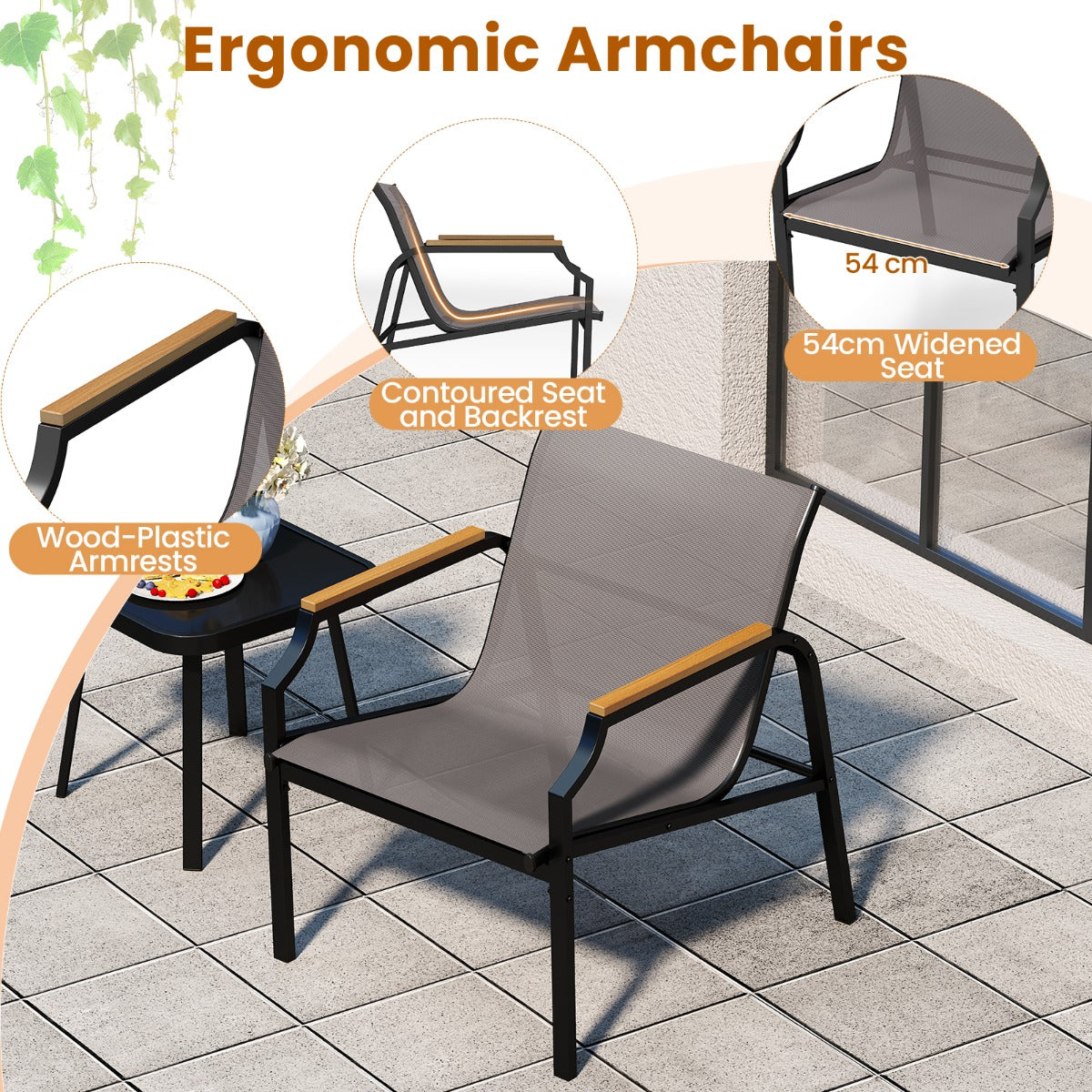 LIVSK 3-delige Tuinmeubelset - Stevige Metalen Constructie - Comfortabele Stoelen met Armleuningen - Salontafel met