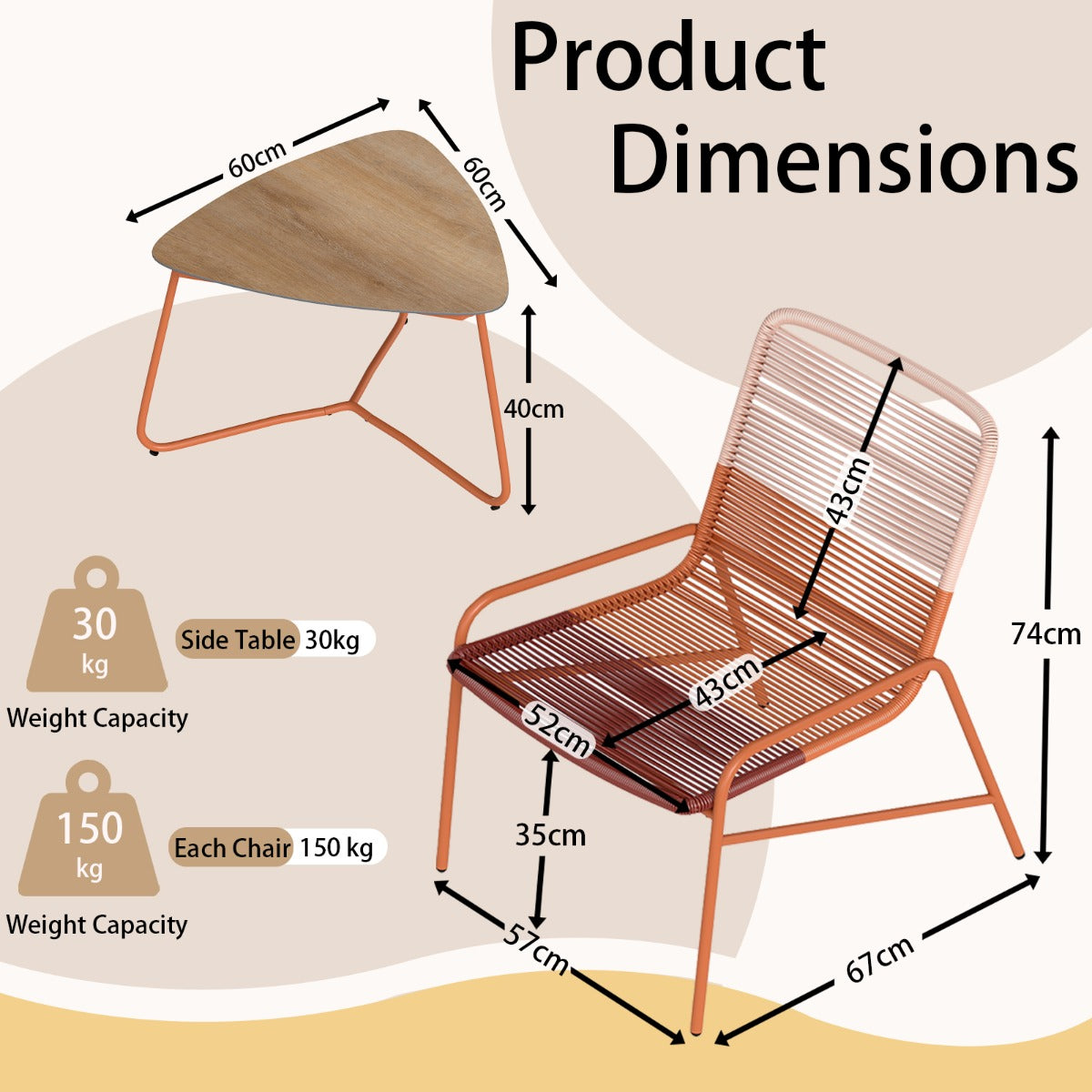 LIVSK 3-delige Bistroset Rattan - 2 Stoelen met 3-kleurenverloop en Driehoekige Tafel - Duurzaam en Comfortabel - Oranje