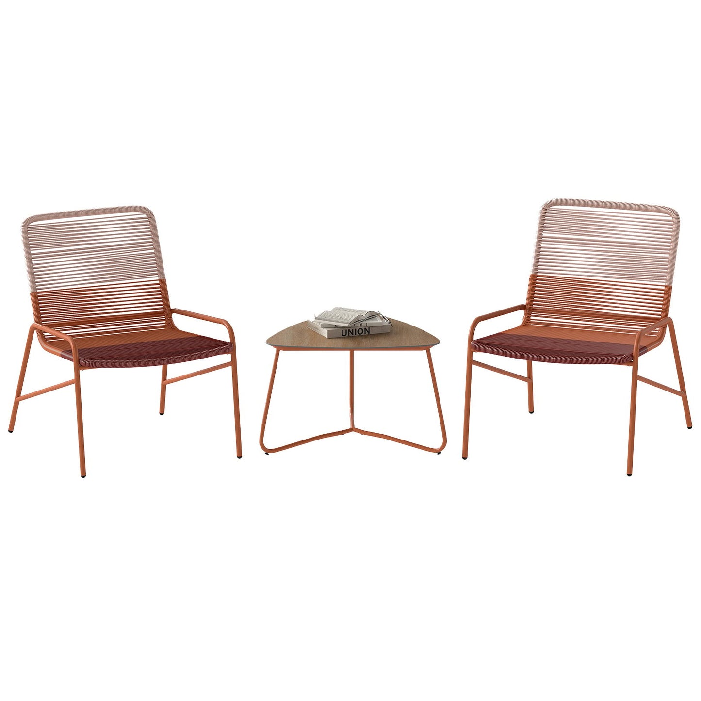 LIVSK 3-delige Bistroset Rattan - 2 Stoelen met 3-kleurenverloop en Driehoekige Tafel - Duurzaam en Comfortabel - Oranje