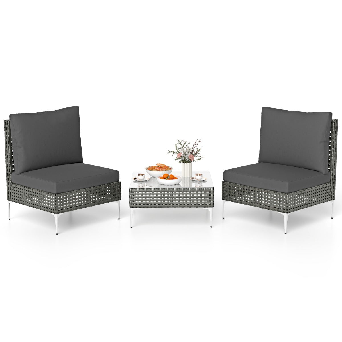 LIVSK 3-delige Tuinmeubelset - Handgeweven PE-rattan - Metalen poten tot 180 kg - Ruime zitplaatsen - Mix grijs met marineblauw