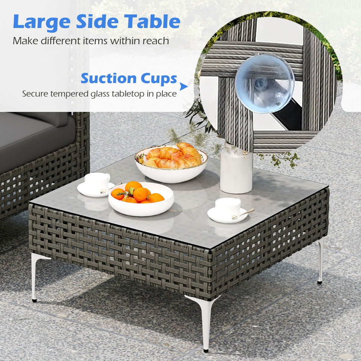 LIVSK 3-delige Tuinmeubelset - Handgeweven PE-rattan - Metalen poten tot 180 kg - Ruime zitplaatsen - Mix grijs met marineblauw