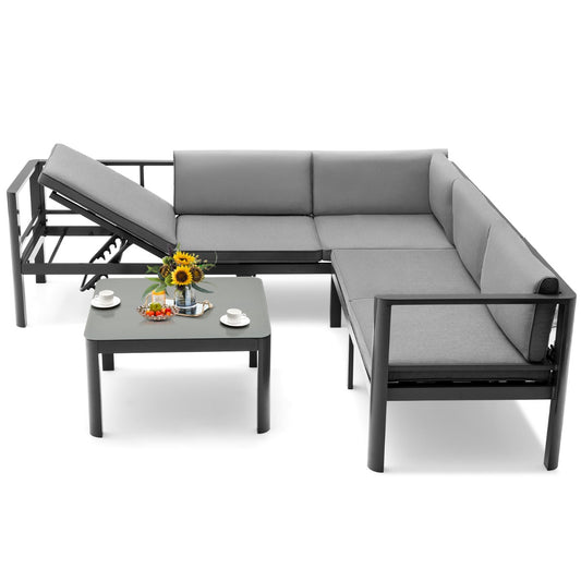 LIVSK 3-delige Aluminium Loungeset - Verstelbare Rugleuning - Hoge Dichtheid Kussens - Voor Binnen en Buiten - Grijs