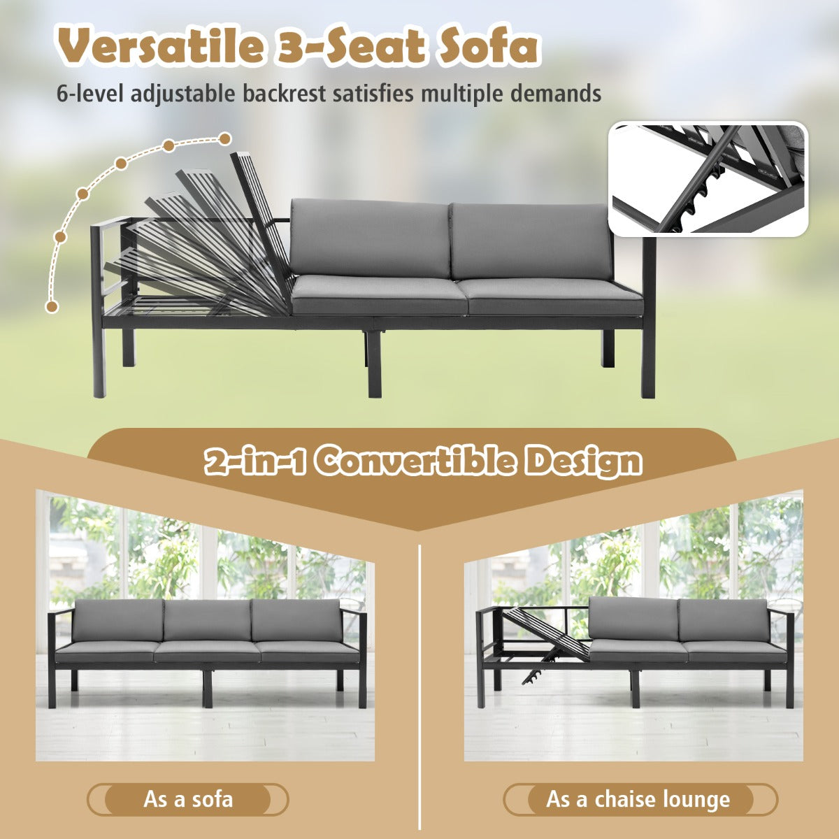 LIVSK 3-delige Aluminium Loungeset - Verstelbare Rugleuning - Hoge Dichtheid Kussens - Voor Binnen en Buiten - Grijs