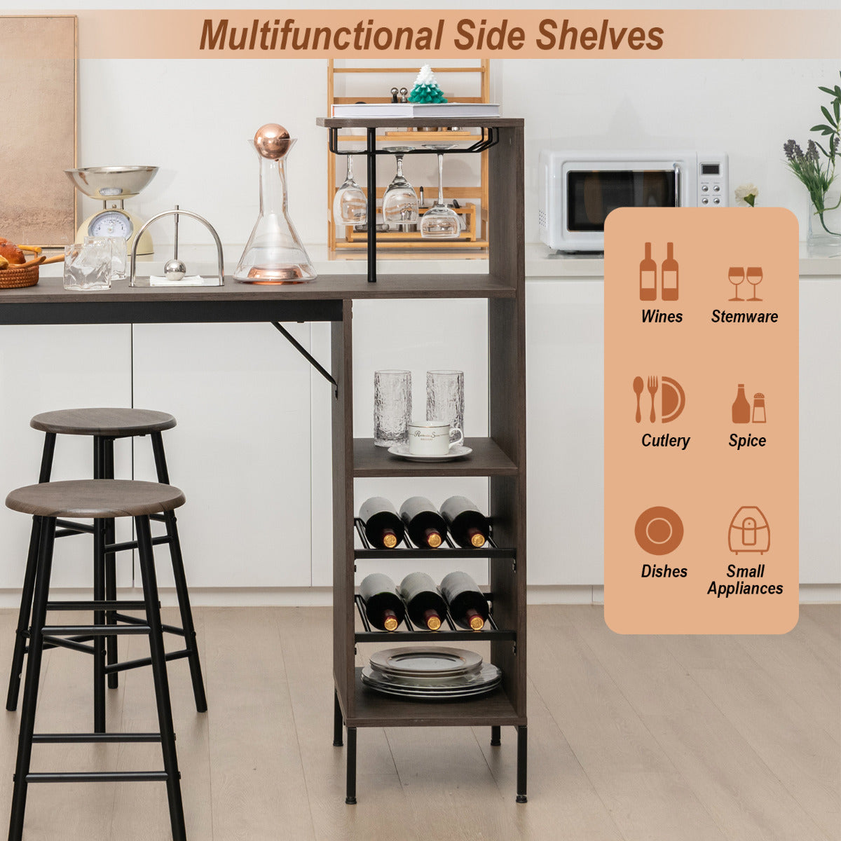 LIVSK Bartafel en Barkrukken Set - Rustieke Charmante Tafel met Opbergruimte - Duurzaam en Comfortabel - 120 x 40 x 121,5 cm -