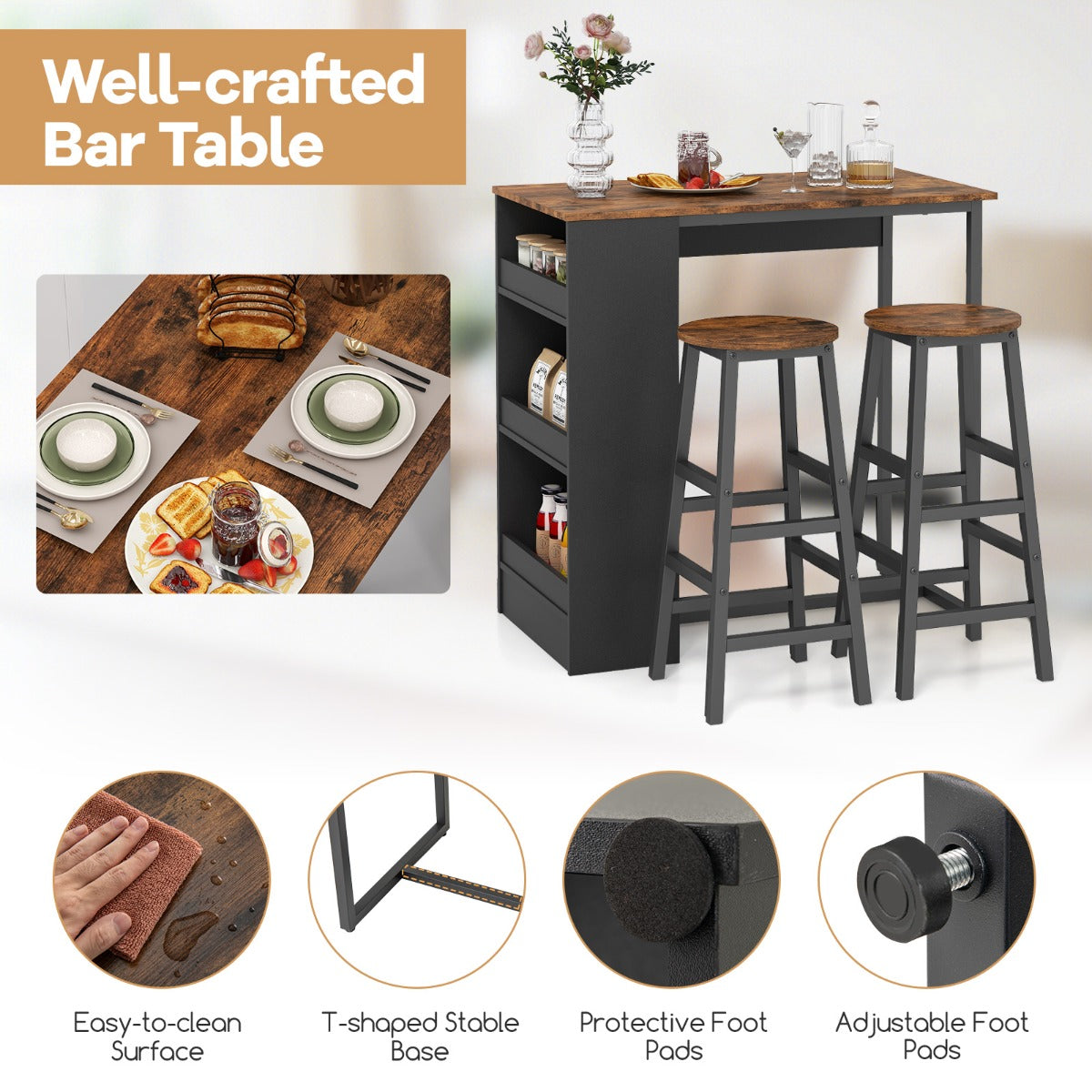 LIVSK Bartafelset met 2 Krukken - Ruim Tafelblad met 3 Opbergplanken - Stevig Metalen Frame - Industriële Stijl - Rustiek bruin +