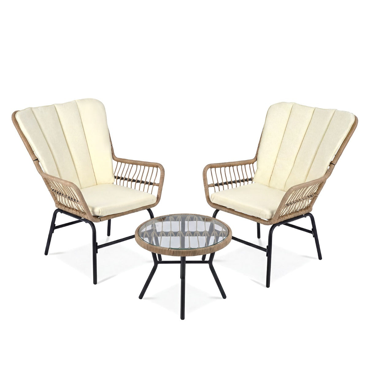 Livsk costway 3 delige bistroset pe rotan tuinmeubelset met kussens zitgroep met 2 stoelen en temperatuurgehard glazen tafel 1 1