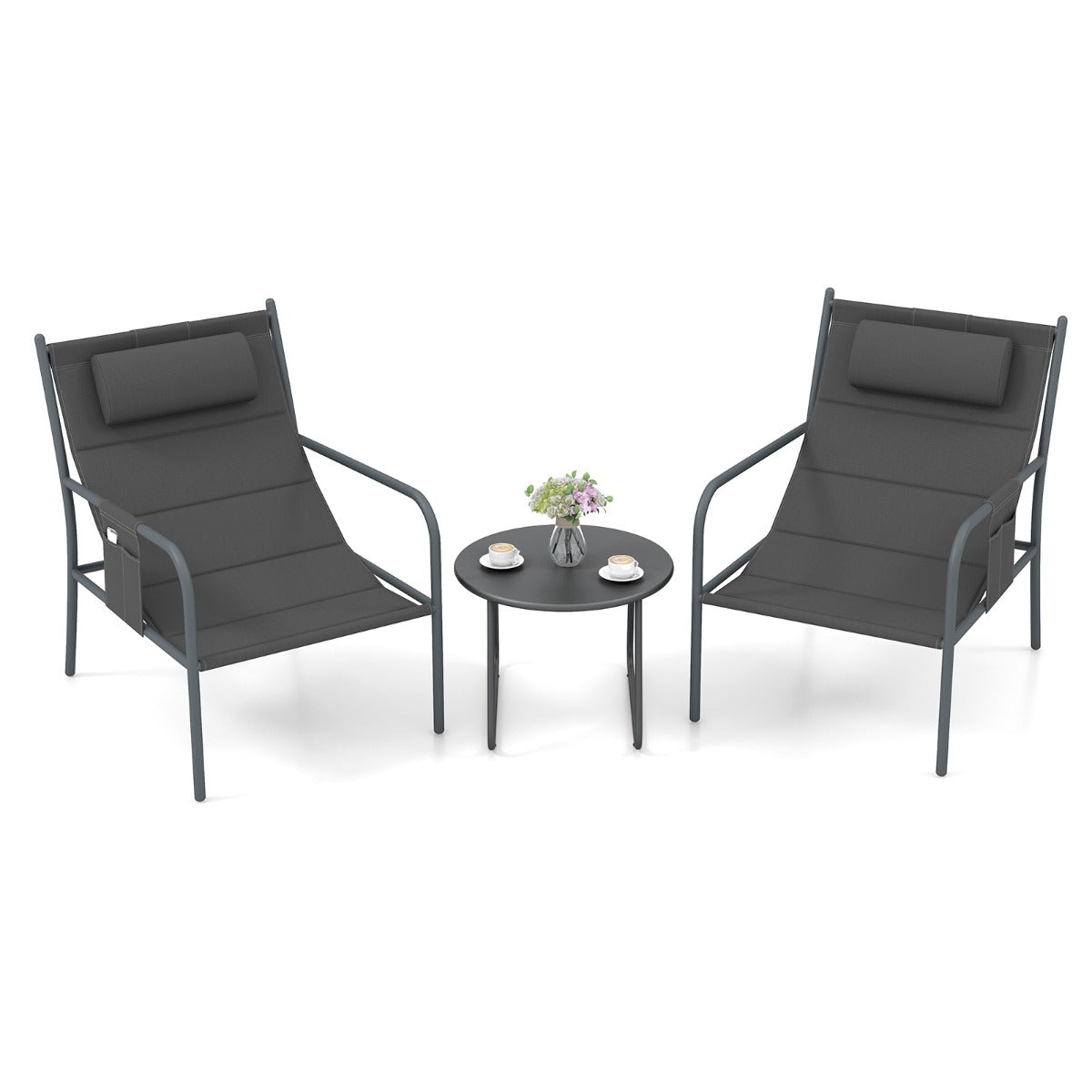 LIVSK 3-Delige Bistroset voor Buiten - Ergonomische Stoelen met Gevoerde Zitting - Stabiel Metalen Frame - Tot 150 kg - Grijs