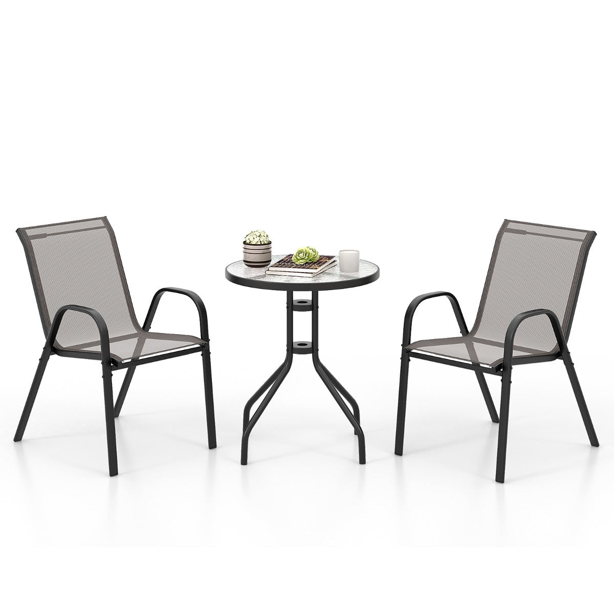 LIVSK 3-delige Bistroset voor Buiten - Comfortabele Stoelen - Praktische Koffietafel - Weerbestendig - Grijs
