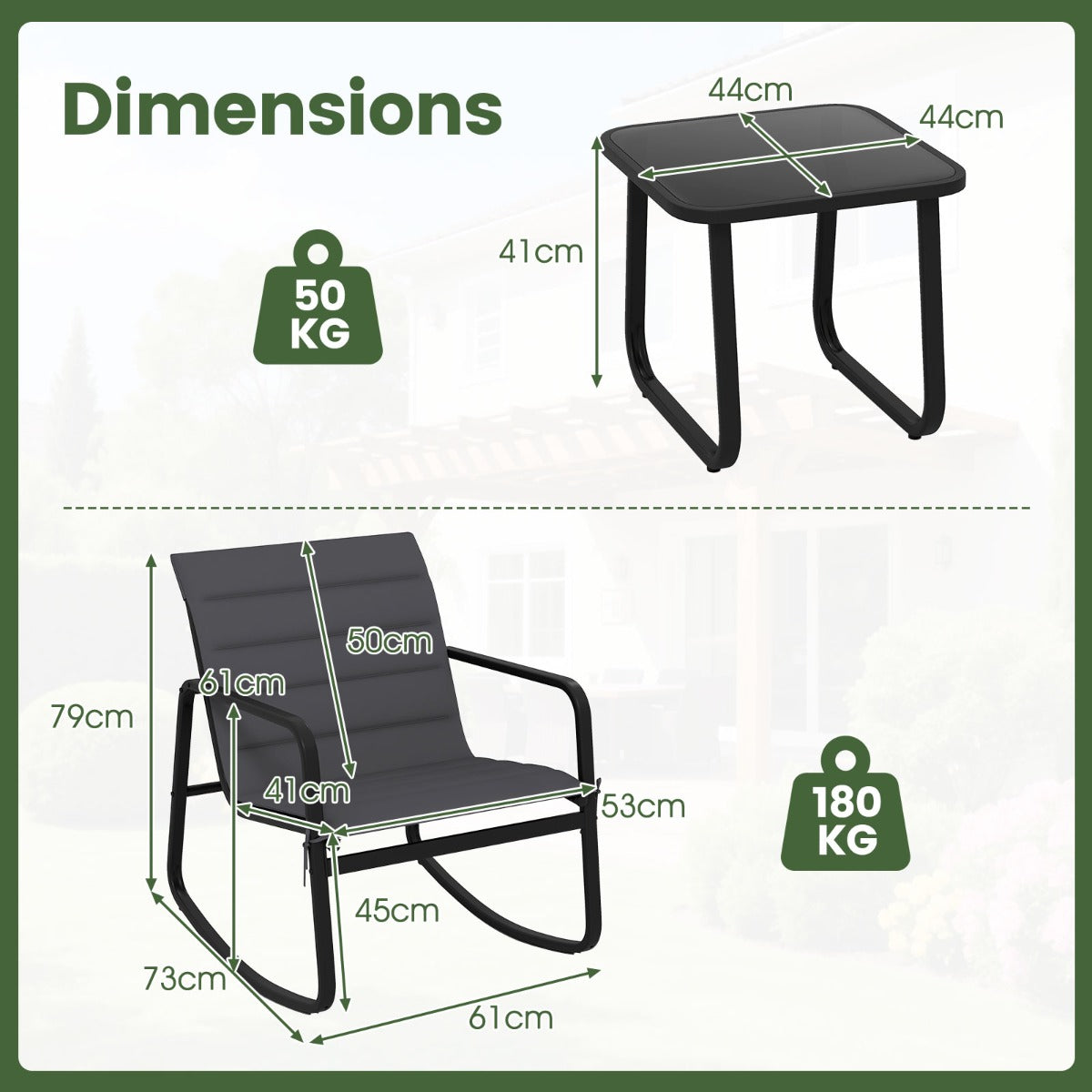 Livsk costway 3 delige bistroset voor buiten schommelstoelen met tafel van gehard glas metalen frame en zachte kussens model 1 1 1