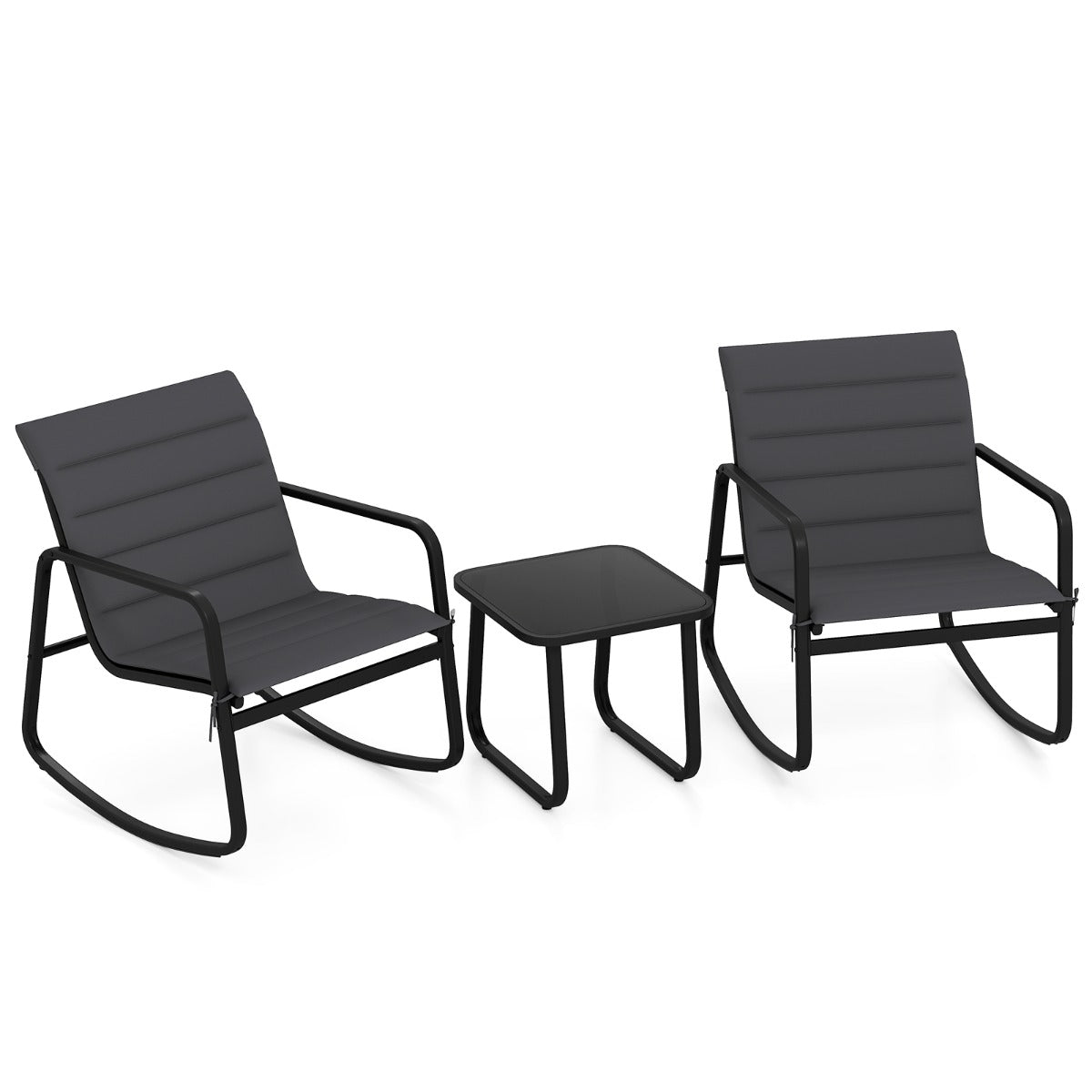 Livsk costway 3 delige bistroset voor buiten schommelstoelen met tafel van gehard glas metalen frame en zachte kussens model 1
