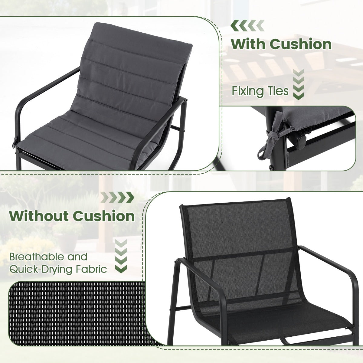 Livsk costway 3 delige bistroset voor buiten schommelstoelen met tafel van gehard glas metalen frame en zachte kussens model 1 3