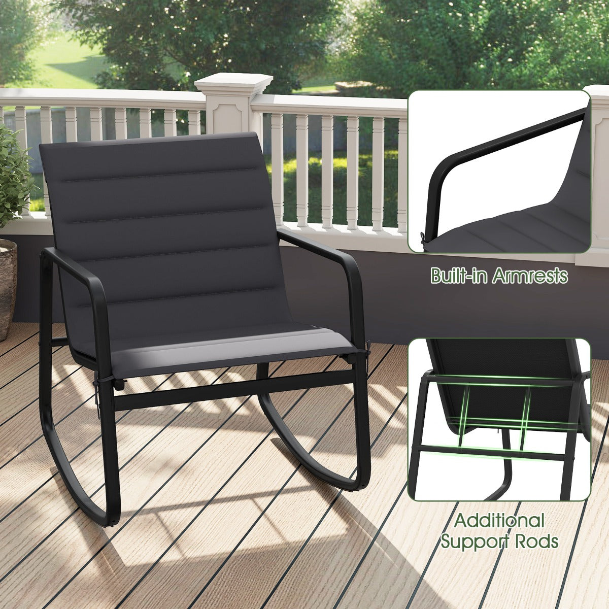 Livsk costway 3 delige bistroset voor buiten schommelstoelen met tafel van gehard glas metalen frame en zachte kussens model 1 5