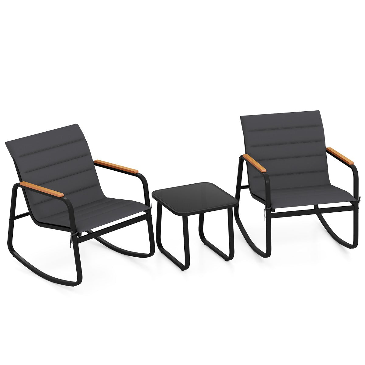 Livsk costway 3 delige bistroset voor buiten schommelstoelen met tafel van gehard glas metalen frame en zachte kussens model 2 1