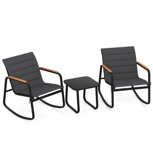 Livsk costway 3 delige bistroset voor buiten schommelstoelen met tafel van gehard glas metalen frame en zachte kussens model 2 1