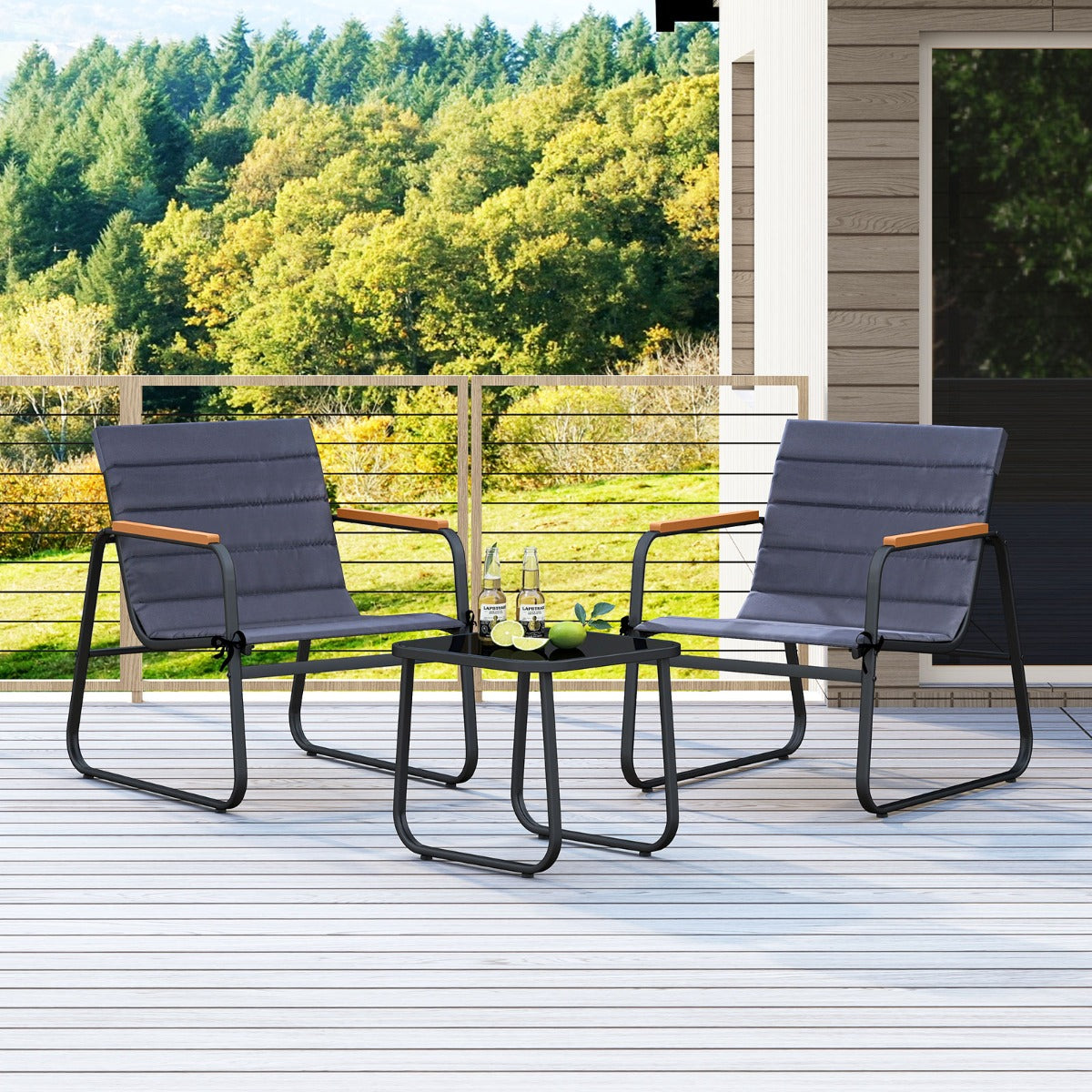 Livsk costway 3 delige bistroset voor het terras outdoor zitgroep met kussens glazen salontafel 6