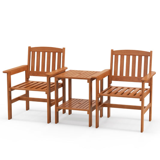 LIVSK 3-Delige Tuintafel en Stoelenset - Massief Hout - Ergonomische Stoelen - Parasolgat - Onderste Plank - Natuurlijk