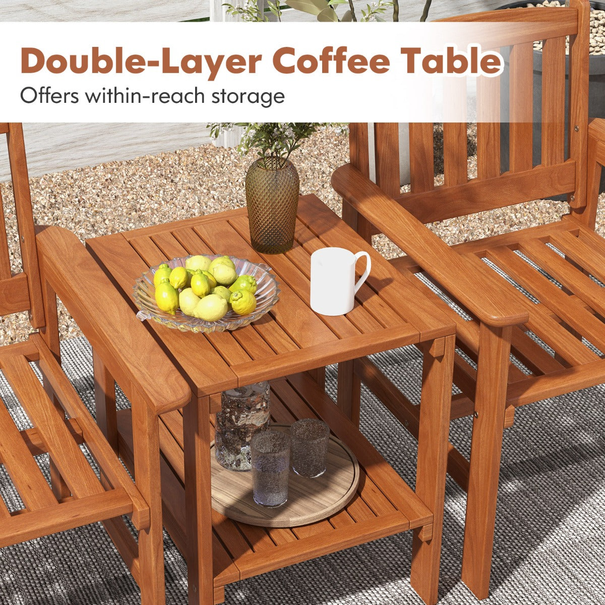 LIVSK 3-Delige Tuintafel en Stoelenset - Massief Hout - Ergonomische Stoelen - Parasolgat - Onderste Plank - Natuurlijk
