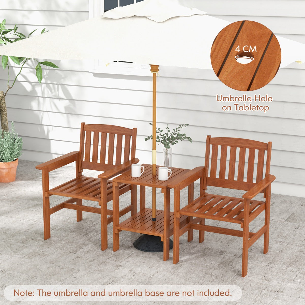 LIVSK 3-Delige Tuintafel en Stoelenset - Massief Hout - Ergonomische Stoelen - Parasolgat - Onderste Plank - Natuurlijk