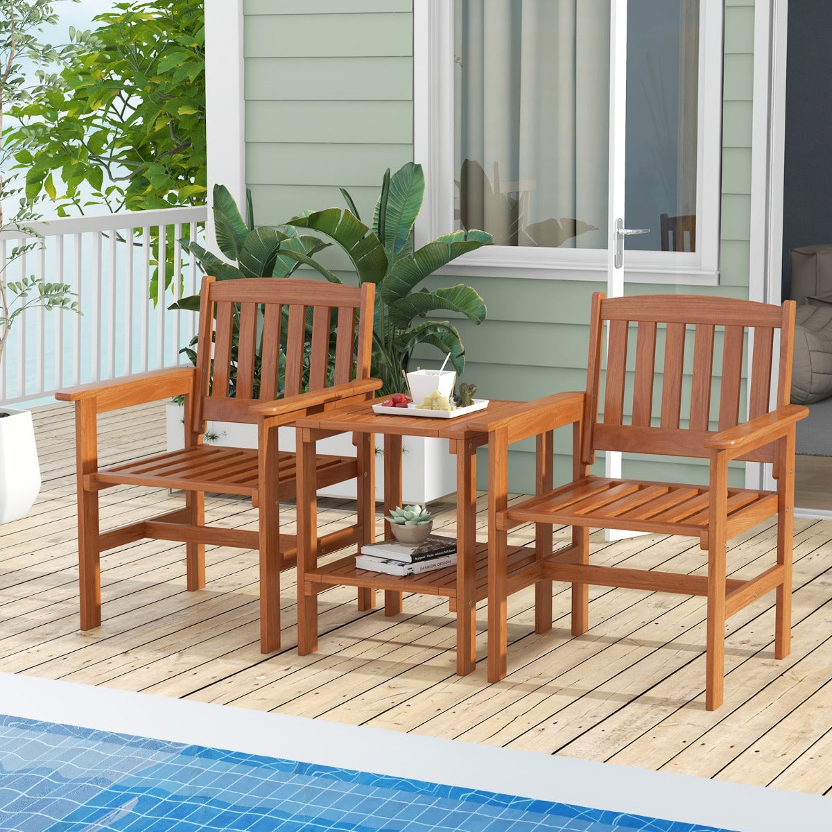 LIVSK 3-Delige Tuintafel en Stoelenset - Massief Hout - Ergonomische Stoelen - Parasolgat - Onderste Plank - Natuurlijk