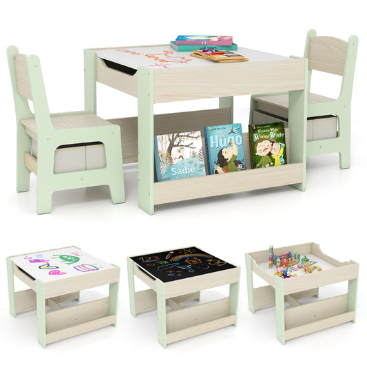 Livsk costway 3 delige bureau en stoelset voor kinderen 4 in 1 activiteiten tafel met omkeerbaar tafelblad boekenplank en opbergdoos