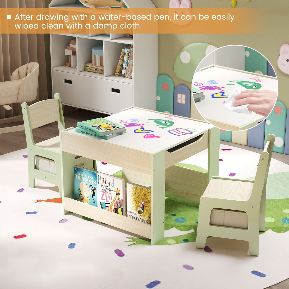 Livsk costway 3 delige bureau en stoelset voor kinderen 4 in 1 activiteiten tafel met omkeerbaar tafelblad boekenplank en opbergdoos 6 1