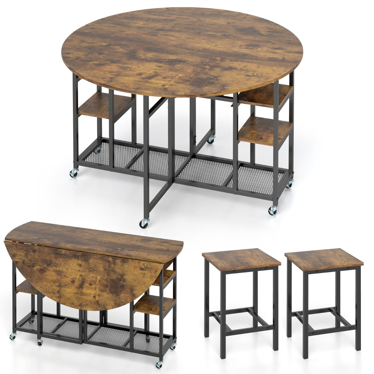 LIVSK 3-delige Eetkamerset - Ronde Opklaptafel 120 cm - Inclusief 2 Stevige Krukken - Ruimtebesparend - Bruin