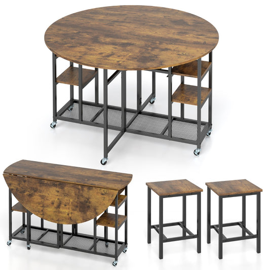LIVSK 3-delige Eetkamerset - Ronde Opklaptafel 120 cm - Inclusief 2 Stevige Krukken - Ruimtebesparend - Bruin