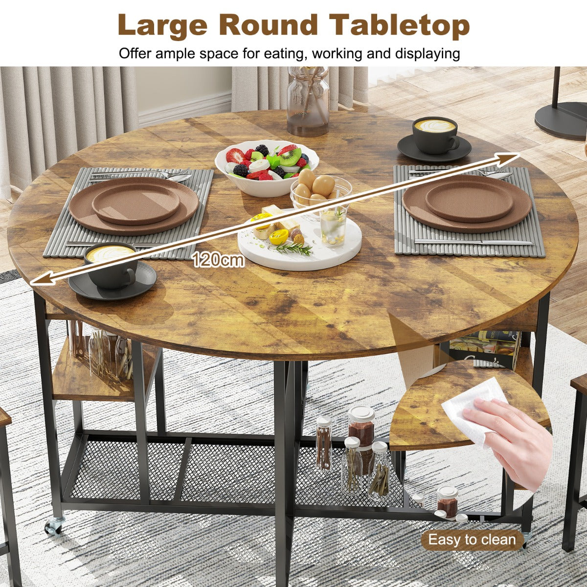 LIVSK 3-delige Eetkamerset - Ronde Opklaptafel 120 cm - Inclusief 2 Stevige Krukken - Ruimtebesparend - Bruin