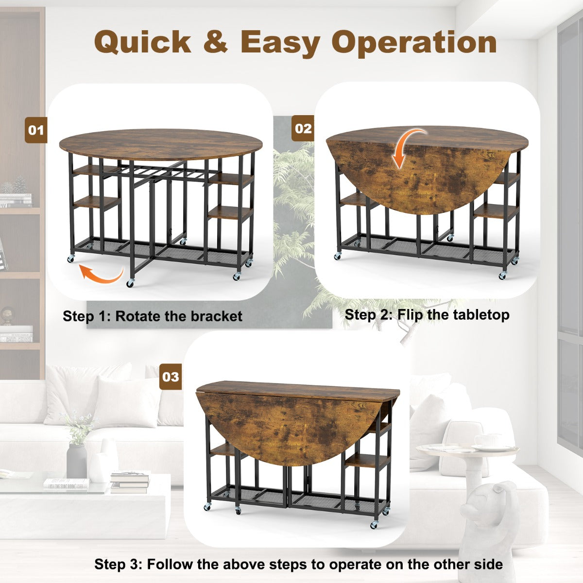 LIVSK 3-delige Eetkamerset - Ronde Opklaptafel 120 cm - Inclusief 2 Stevige Krukken - Ruimtebesparend - Bruin