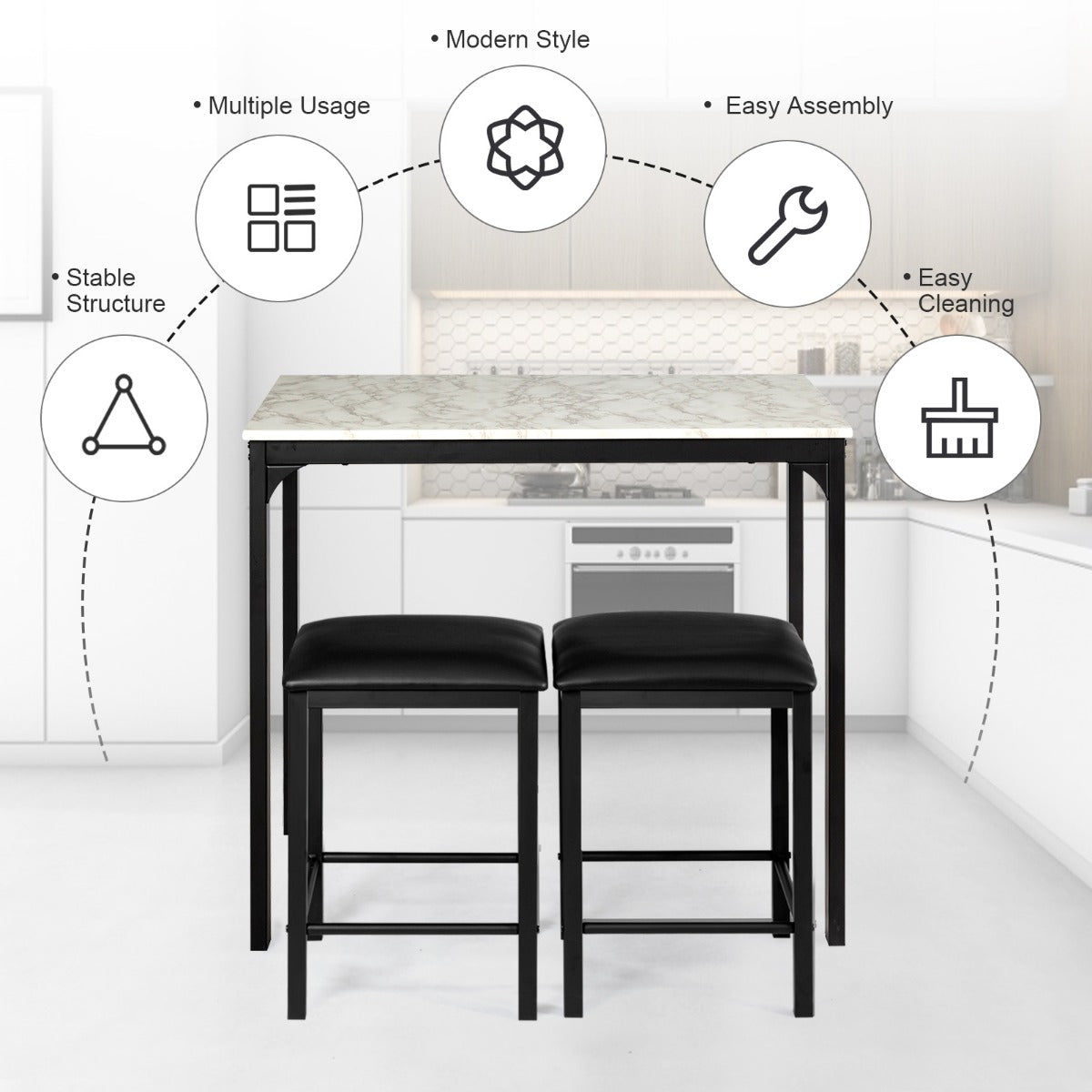 LIVSK Eettafelset met 2 Krukken - Ruimtebesparend - Robuust Metalen Frame - Modern Design - Voor 2 Personen - Wit