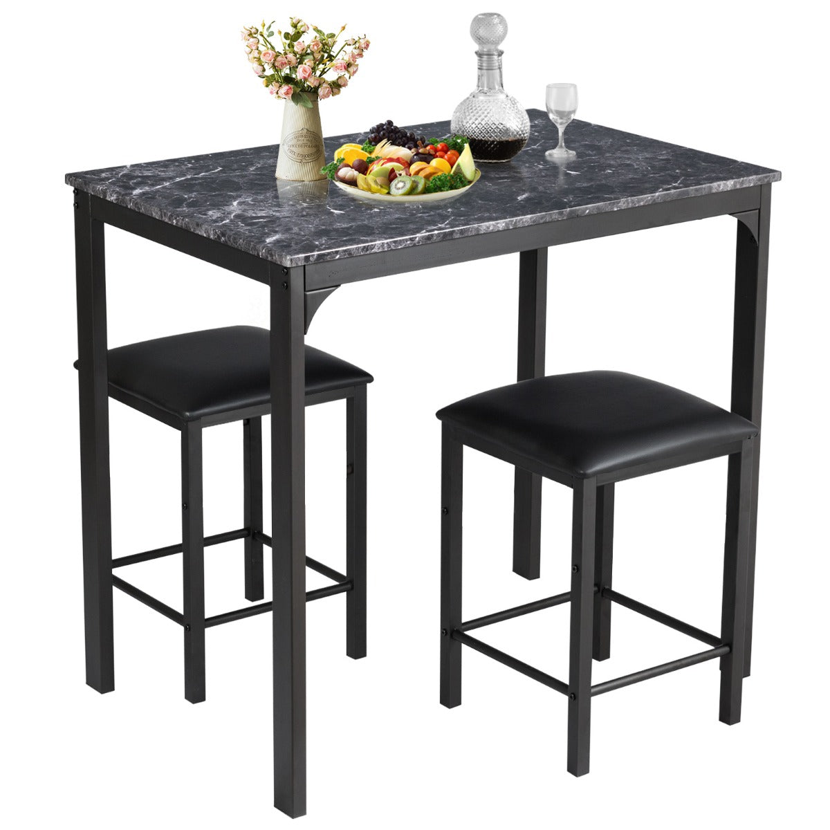 LIVSK Eettafelset 3-Delig - Verhoogde Tafel met Marmerlook - Ruimtebesparend - Inclusief 2 Krukken - 90 x 60 x 82 cm - Zwart