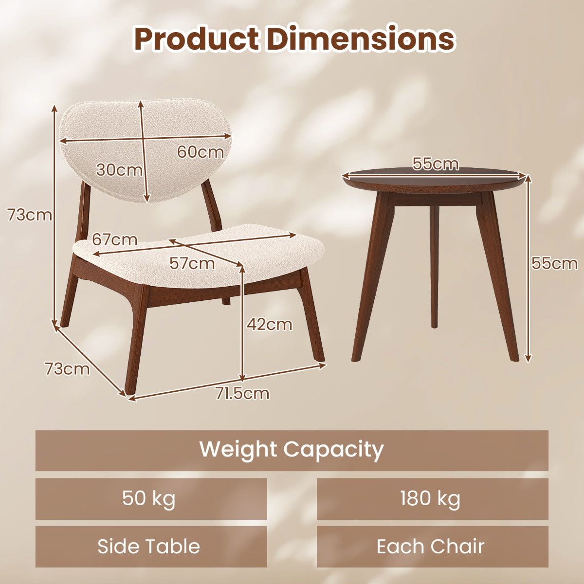 LIVSK Accentstoelen met Bijzettafel - Ergonomisch Ontwerp - Lamsfluweel - Draagvermogen 180 kg - Inclusief Bijzettafel - Noten en