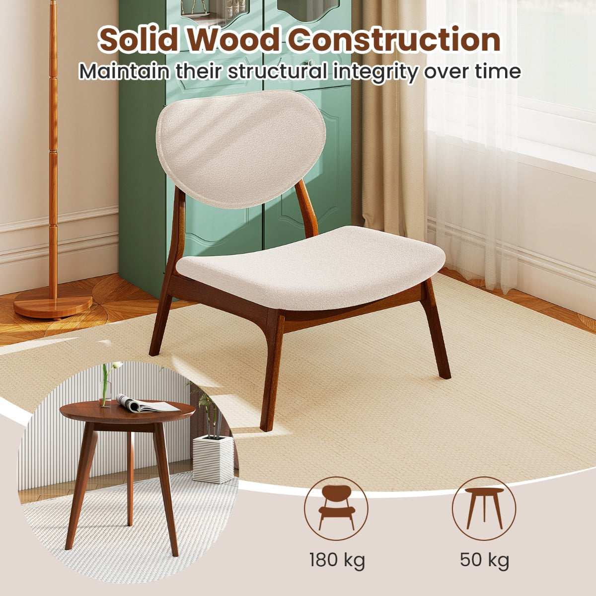 LIVSK Accentstoelen met Bijzettafel - Ergonomisch Ontwerp - Lamsfluweel - Draagvermogen 180 kg - Inclusief Bijzettafel - Noten en