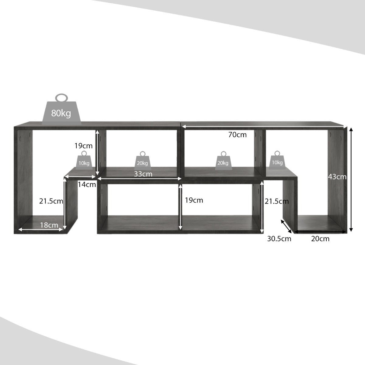 LIVSK 3-delig TV-meubel - Vrije combinatie - 6 open vakken - Geschikt voor TV's tot 65" - Modern minimalistisch - Grijs