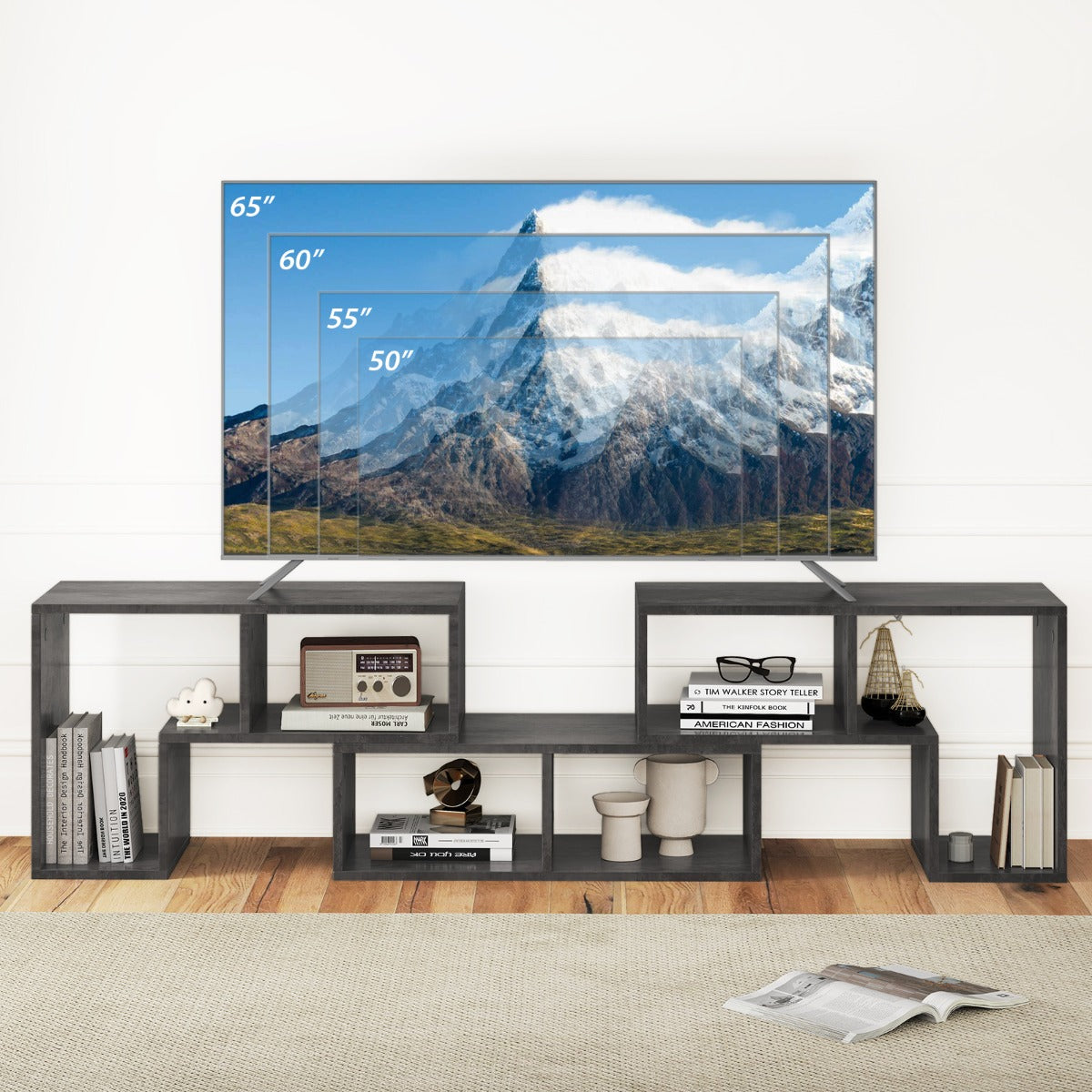 LIVSK 3-delig TV-meubel - Vrije combinatie - 6 open vakken - Geschikt voor TV's tot 65" - Modern minimalistisch - Grijs